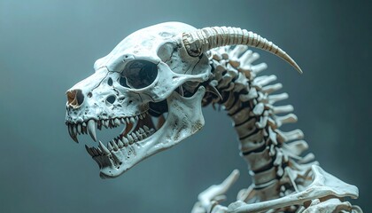 Detailed dinosaur skeleton with horns and vertebrae.