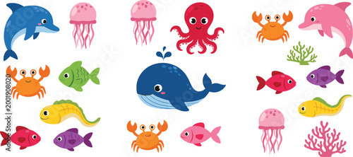 Cute ocean animals collection with dolphin, whale, octopus, fish, jellyfish and crab, colorful marine life cartoon vector illustration isolated on white background