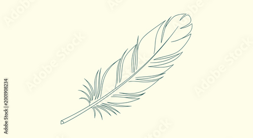 Minimalist feather line art drawing on light background. Elegant quill pen icon vector illustration.