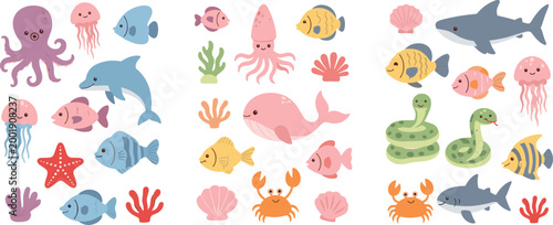 Cute ocean animals collection with fish, dolphin, shark, octopus, jellyfish and crab, colorful marine life cartoon vector illustration isolated on white background