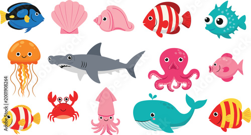 Photography Cute ocean animals collection with fish, shark, octopus, whale, crab and jellyfi