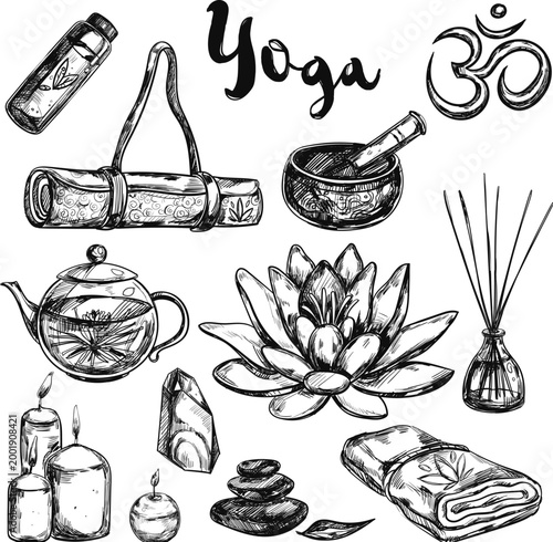 Hand drawn yoga and meditation icons for wellness and spiritual health design vector