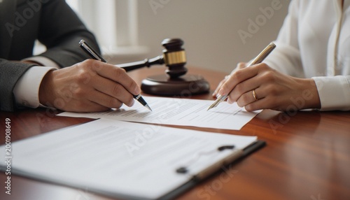 Εκτύπωση καμβά Two individuals, a man and a woman, sign legal documents on a wooden desk with a judge's gavel placed in the background