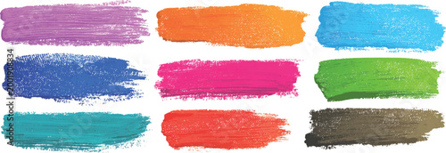 Collection of vibrant colorful acrylic paint brush strokes and grunge texture smears set vector illustration.