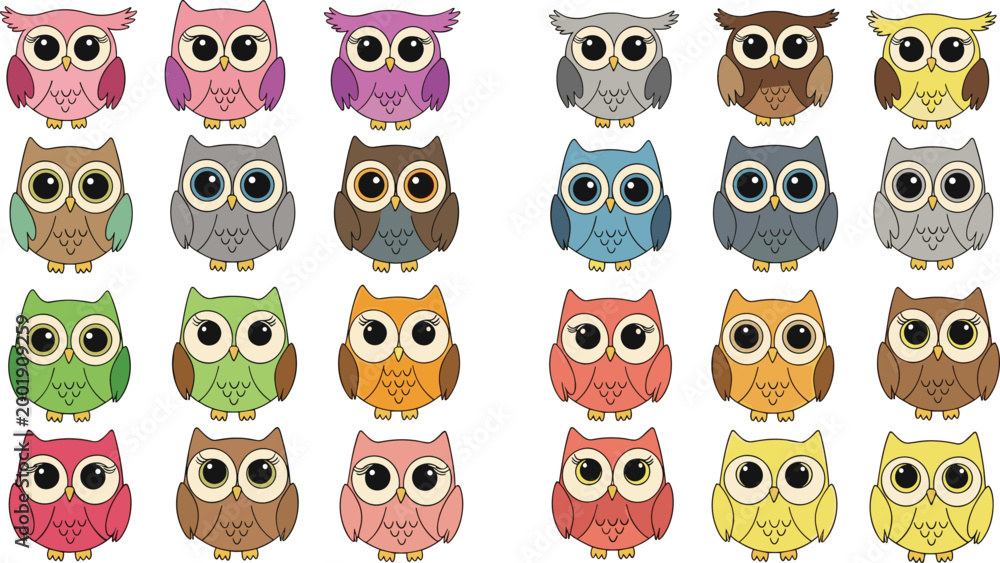 Obraz premium Cute owl collection with colorful cartoon birds and different expressions, adorable woodland animal characters set, vector illustration isolated on white background