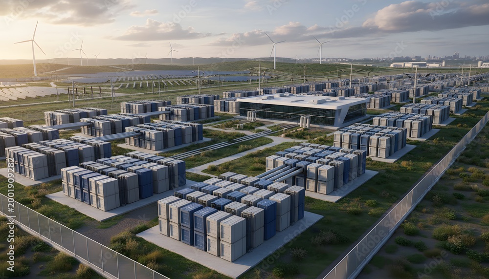 Fototapeta premium Vast renewable energy storage facility with battery containers solar panels and wind turbines at sunset
