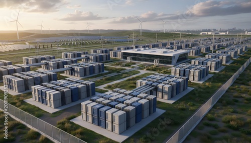 Vast renewable energy storage facility with battery containers solar panels and wind turbines at sunset