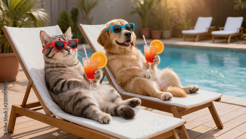 Funny dog and cat wearing sunglasses relaxing on lounge chairs with cocktails by pool, humorous summer vacation concept with pets