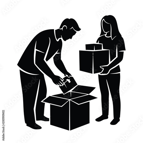 People packing or unpacking boxes. Moving and delivery service concept. Minimalist vector illustration isolated on transparent background