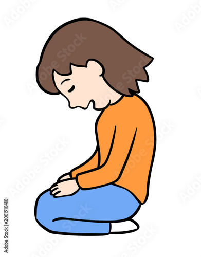 正座をしたまま居眠りをするコミカルな女性、側面