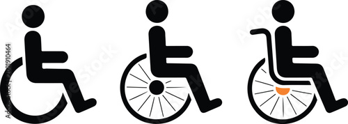 Wheelchair accessibility vector icon set featuring disabled person seating symbol in black silhouette and flat line art styles isolated on white.