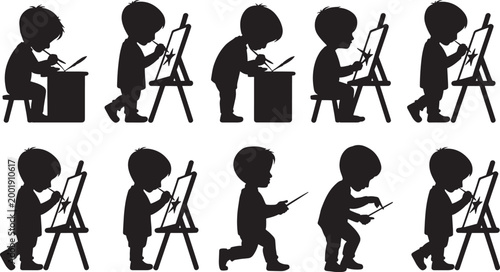 Kids Painting and Drawing Silhouette Set with Children Using Easel and Art Tools, Creative Learning and Education Activity Vector Collection
