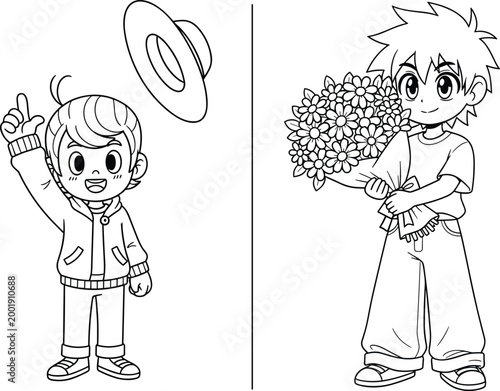 Black and white cartoon character pointing upward with floating hat and character holding bouquet, playful line drawing for kids coloring