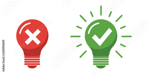 Bulb icon, check mark cross symbols, idea approval rejection concept, decision evaluation graphics, vector illustration