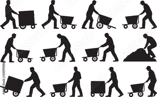 Worker Pushing Trolley Cart Silhouette Set with Industrial Labor and Warehouse Transport Activity, Manual Handling and Delivery Vector Collection
