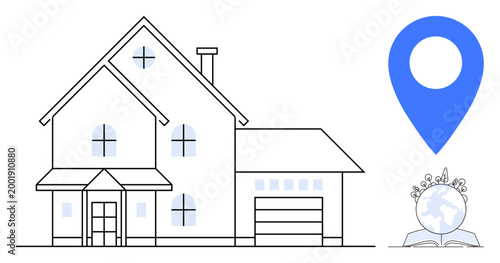 Real estate, education, global connectivity, home technology, property management, navigation. Detailed house with garage and a blue location pin beside a globe on a book. Real estate and education