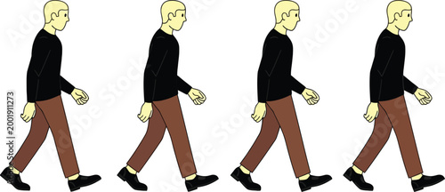 Flat Vector Illustration of a Walking Person with Different Steps in a Walk Cycle for Animation, Motion Graphics, and Educational Use