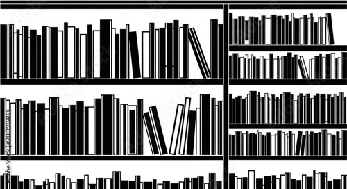 Bookshelves Filled with Various Books in Library Setting.