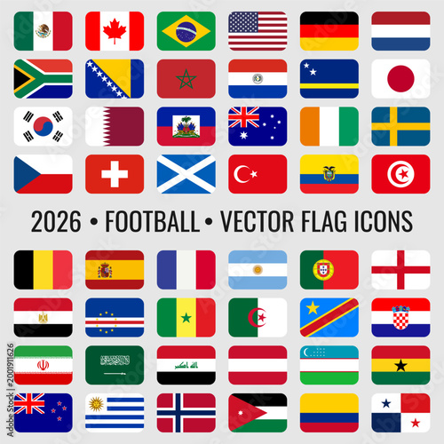 48 national flag icons for 2026 international football season. Rounded-rectangle style flag icons for global sports reporting, mobile app interfaces, sports news websites, match schedules