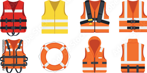 Foto Life jackets and safety vests collection with different styles and colors, marin