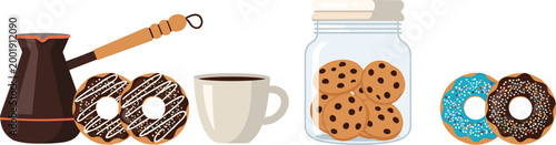 Coffee and Sweet Snacks Set with Donuts Cookies and Cup with Traditional Coffee Pot Cartoon Vector Illustration for Cafe Menu Breakfast and Dessert Design