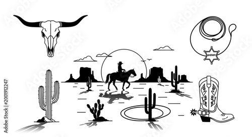 Desert Landscape with Cacti and Sun Silhouette.