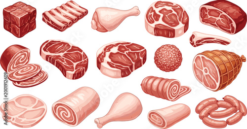 Raw meat and sausages collection with steak, ribs, ham and chicken drumstick, butcher products set, detailed vector illustration isolated on white background