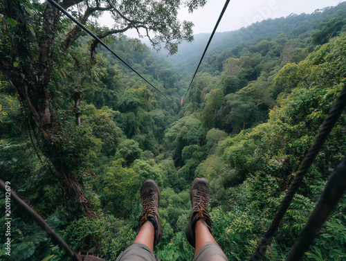 Person ziplining over lush rainforest canopy in costa rica