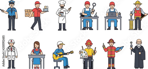 Collection of Occupation Vector Illustrations Featuring Various Professions Such as Police, Chef, Firefighter, Doctor, Artist, and More for Use in Educational, Commercial, and Social Media Projects