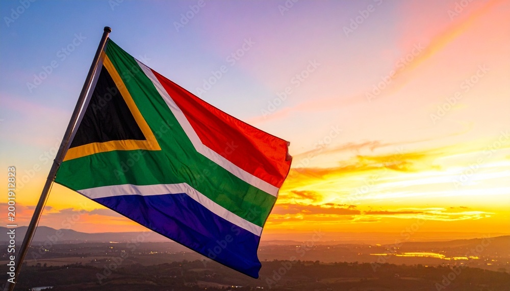 Fototapeta premium South Africa flag waving on pole, colorful Y-shape design, sunset landscape background, symbol of national pride, unity, heritage, culture, and identity with warm sky tones.