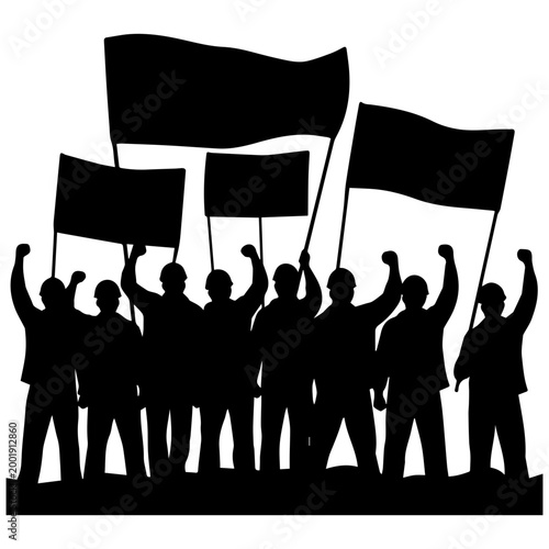 Silhouetted Crowd Protesting with Waving Banners and Raised Fists