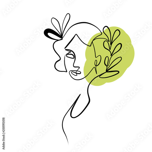 A line drawing of an abstract girl with flowers, drawn in one line. Minimalistic