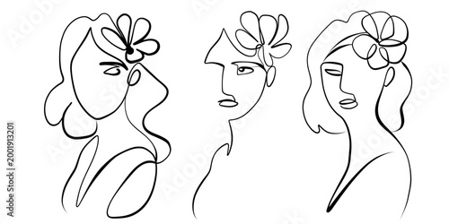 A set of abstract girls with flowers, drawn in single lines. Minimalistic
