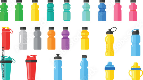 Sport water bottles and shaker cups collection with different colors and styles, reusable fitness drink containers set, cartoon vector illustration isolated on white background