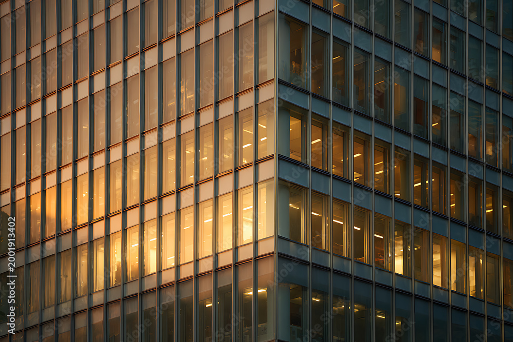 Obraz premium Sunset Reflections on Modern Glass Building Urban Environment Architectural Photography Cityscape Viewpoint Contemporary Design Concept