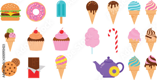 Sweet desserts and fast food collection with burger, donuts, cupcakes and ice cream, colorful snack treats cartoon vector illustration isolated on white background