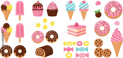 Sweet desserts and candy collection with donuts, cupcakes, ice cream and cookies, colorful bakery treats cartoon vector illustration isolated on white background