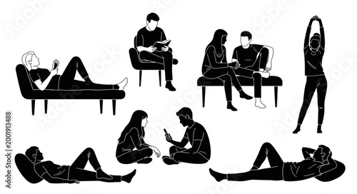 People Engaged in Various Relaxing and Social Activities Silhouettes.