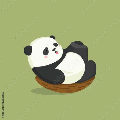 Cute cartoon panda relaxing in a woven basket on a green background