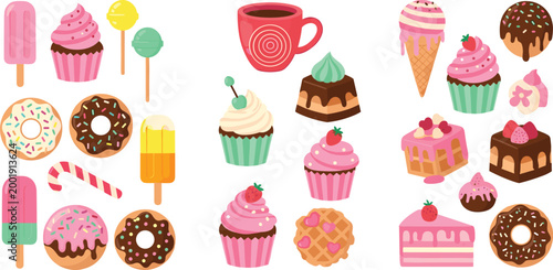 Sweet desserts and treats collection with cupcakes, donuts, ice cream and cakes, colorful bakery cartoon vector illustration isolated on white background