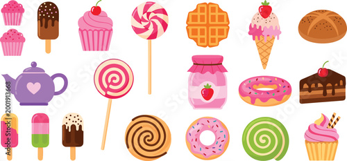 Sweet desserts collection with cupcakes, donuts, lollipops, ice cream and cakes, colorful bakery treats cartoon vector illustration isolated on white background