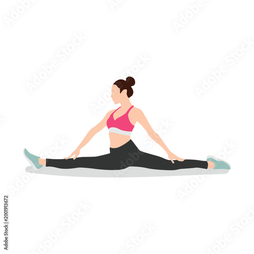 Woman performing a full split exercise in fitness attire, isolated on white background