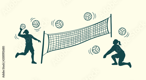Professional Women Volleyball Players Action Silhouettes with Mesh Net and Flying Balls Vector