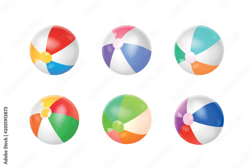 Fototapeta premium Realistic beach balls. 3d inflatable ball, colorful toy pool sand sea swim sport game summer season holidays vacation fun isolated rubber beachball set exact vector illustration