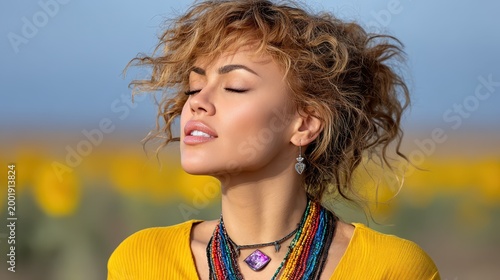 A young woman with curly hair closes her eyes, feeling the gentle warmth of the sun on her face