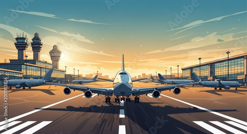 Commercial Airplane on Airport Runway at Sunset.