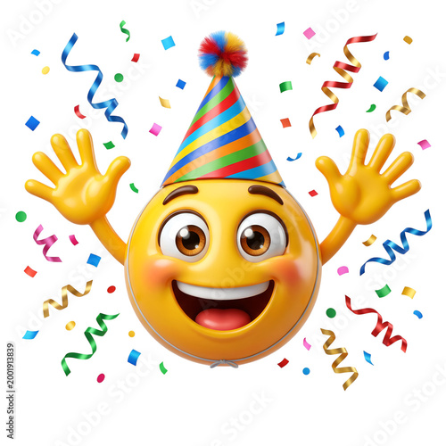Happy emoji wearing party hat with confetti and streamers celebrating birthday party joy and fun festive atmosphere