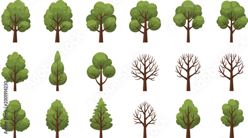 Tree collection with different shapes and seasonal styles, green leafy and bare trees set, forest nature vector illustration isolated on white background