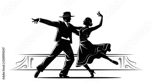 Elegant Tango Dancers Performing on Stage in Classic Attire.