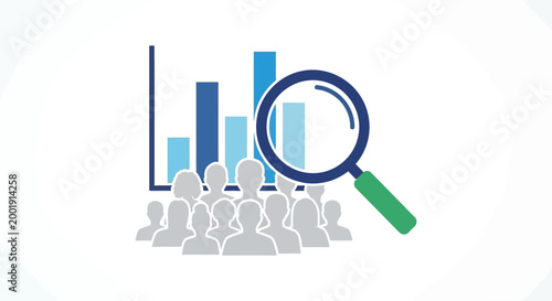 magnifying glass over bar chart and people silhouettes